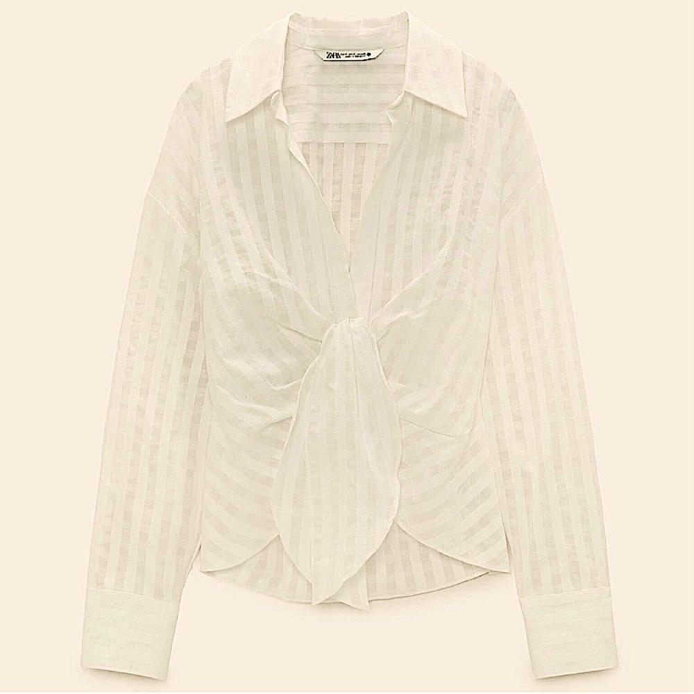 ZARA Top Blouse Long Sleeve White Ecru Cream Cotton Size Medium - Picture 3 of 13